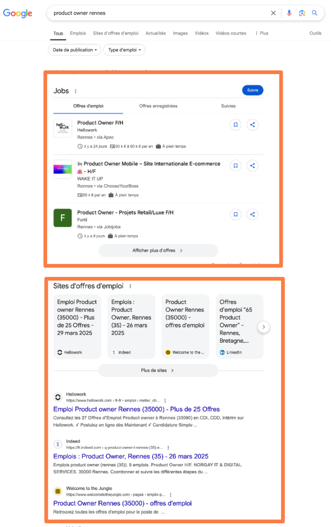 Une capture du résultat de recherche Google sur l'intitulé de poste "Product owner"