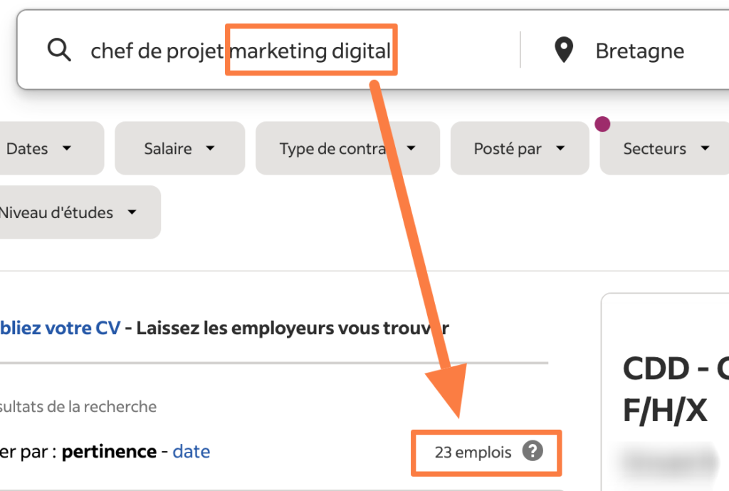 Recherche "chef de projet marketing digital" sur Indeed avec 23 offres d'emploi