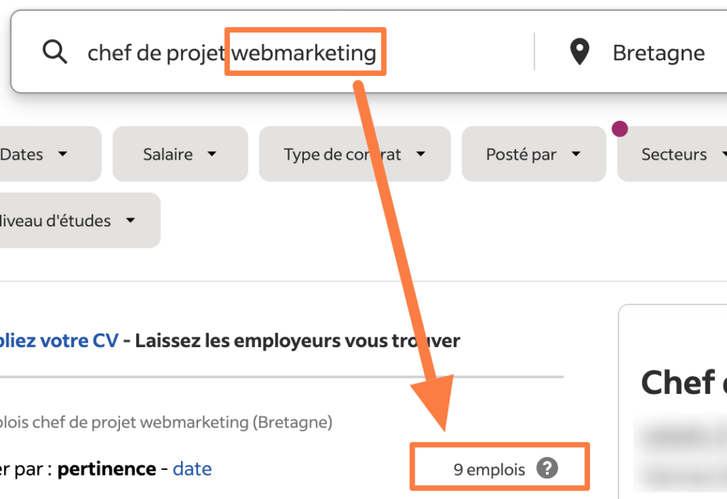Recherche "chef de projet webmarketing" sur Indeed avec 9 offres d'emploi
