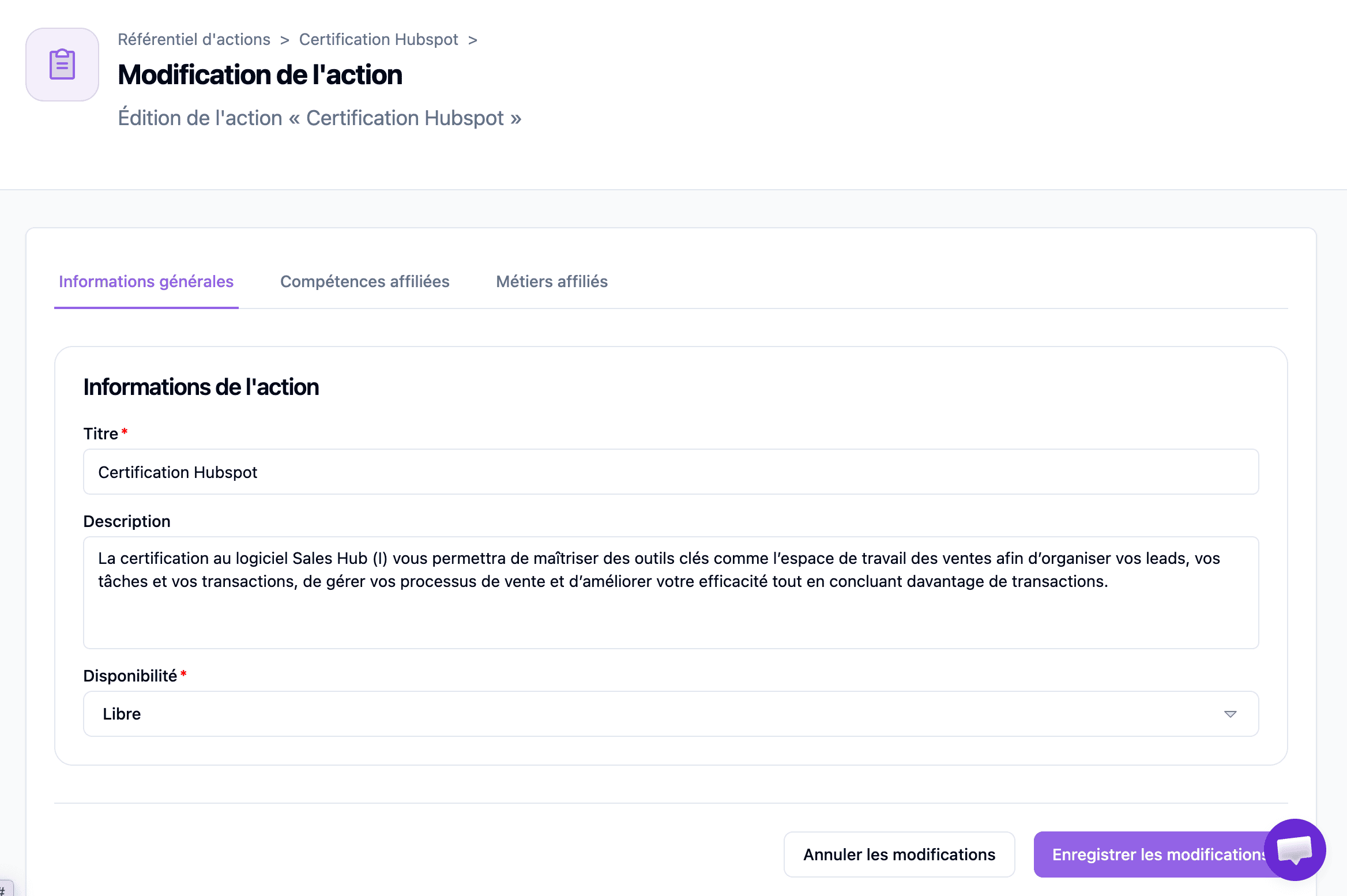 Catalogue d'actions de formation dans RECRAFT.work